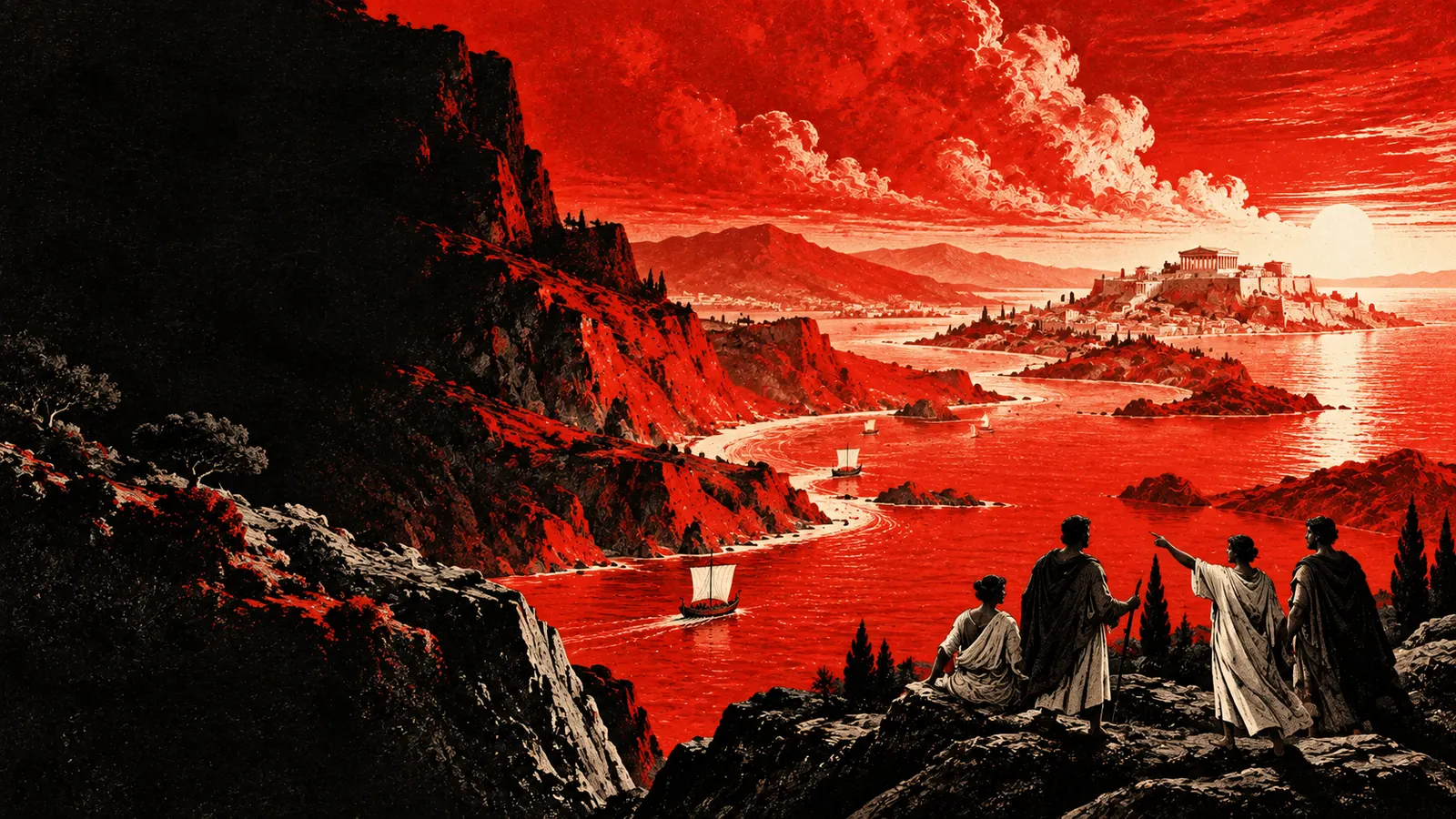 Illustration : un groupe de voyageurs observe, depuis un promontoire, une cité au bord de la mer.