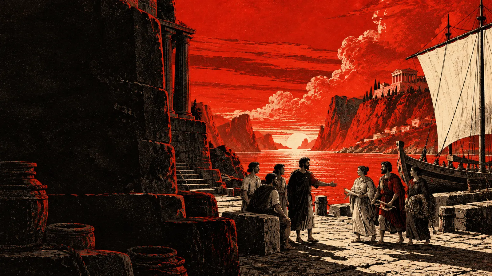 Illustration : des voyageurs aux profils variés se retrouvent sur un quai, près d’un navire prêt à partir.