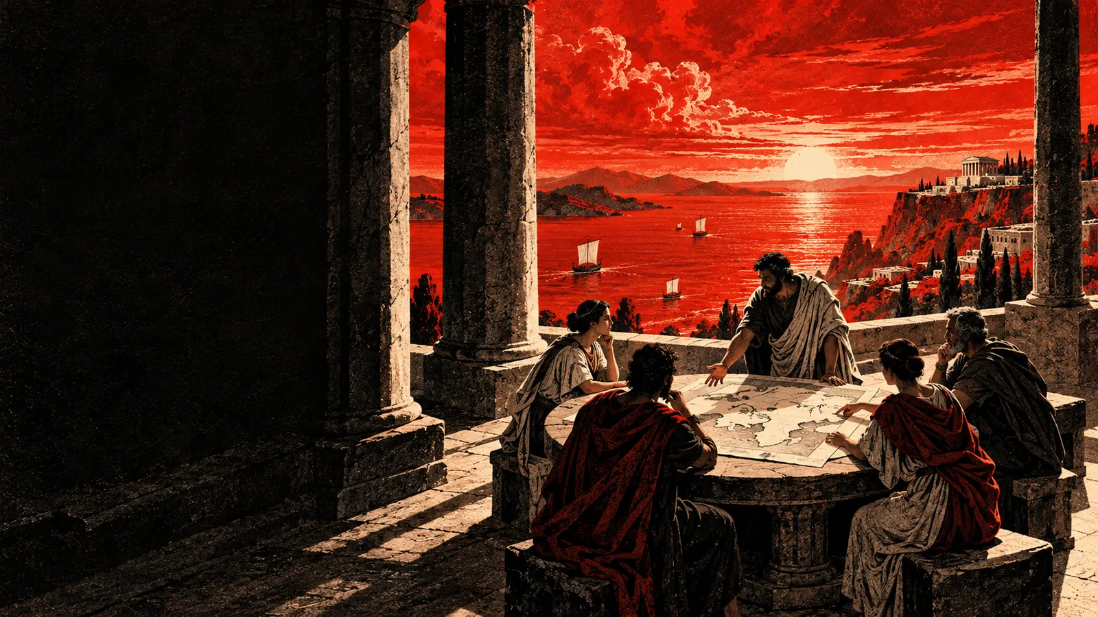 Illustration : une équipe en tenues antiques travaille autour d’une table couverte de cartes, sous un portique ouvert sur la mer.